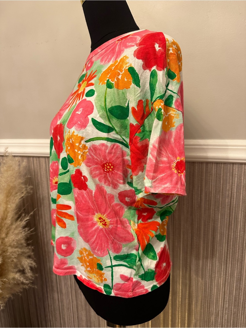 Zara Floral Watercolor Print Short Sleeve Tee Top White Pink Orange Green Sz L - Picture 2 of 5